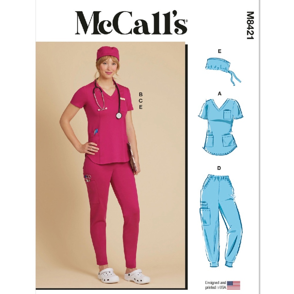 M8421 McCall's Sewing Pattern Misses' Knit Scrub Tops, Pants, Jogger and Cap